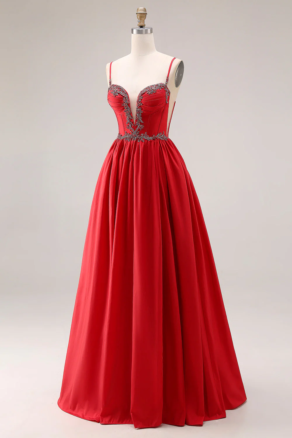 Red A-Line Spaghetti Straps Corset Long Prom Dress with Slit - Image 3