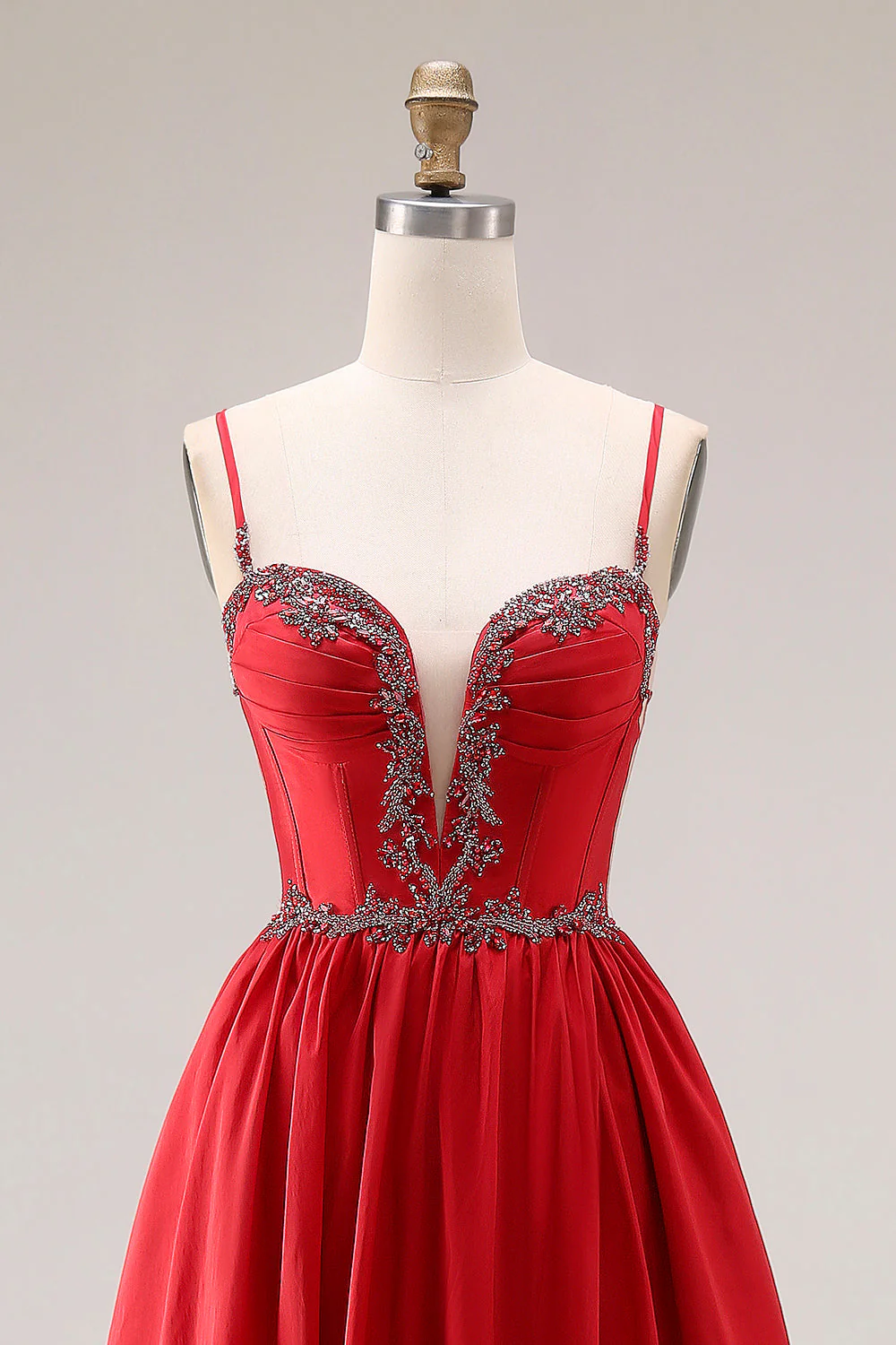 Red A-Line Spaghetti Straps Corset Long Prom Dress with Slit - Image 4