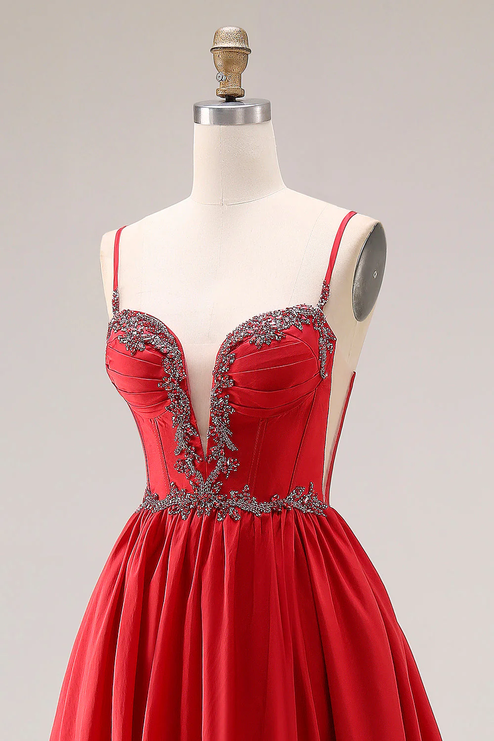Red A-Line Spaghetti Straps Corset Long Prom Dress with Slit - Image 6