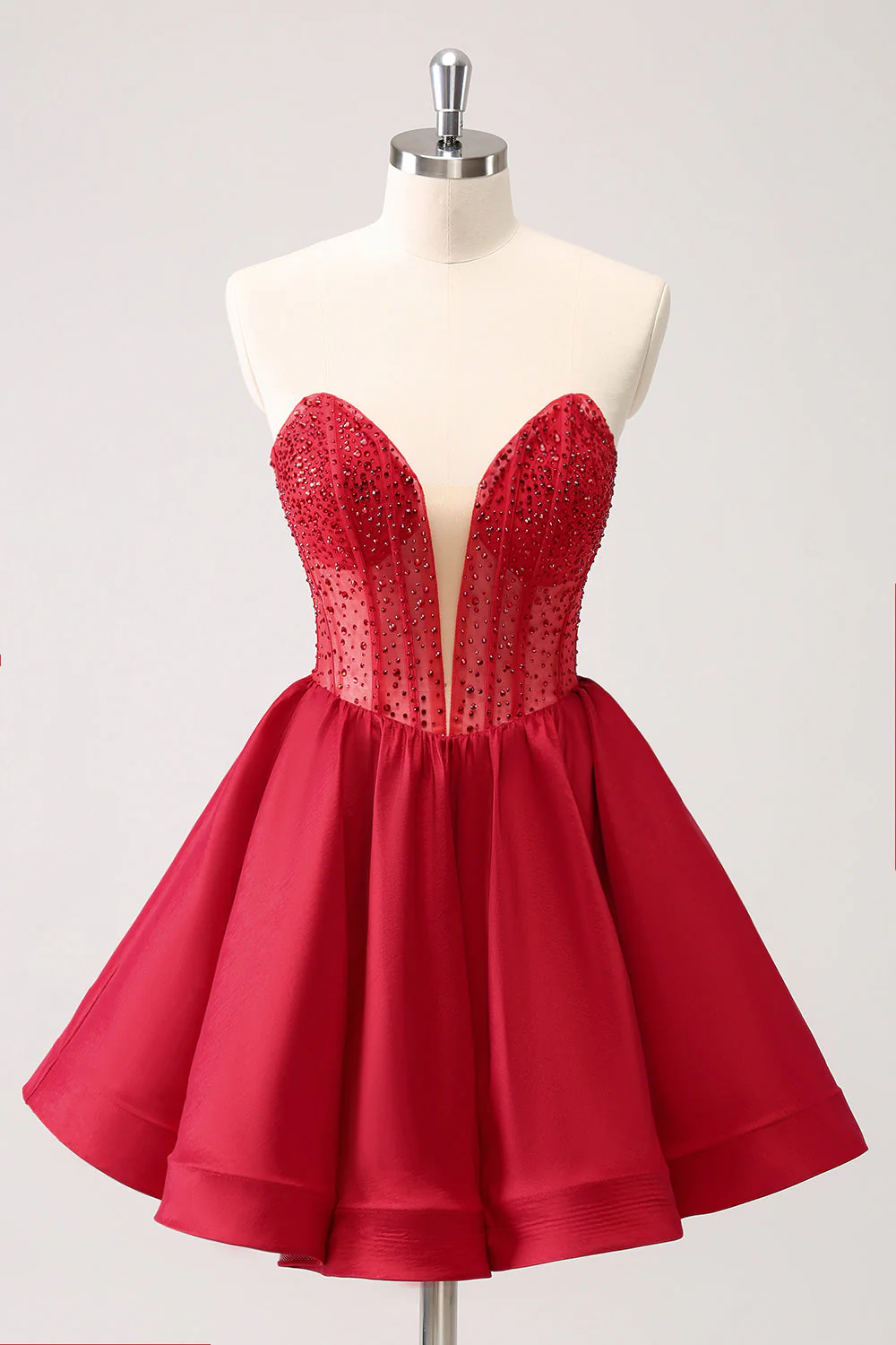 Red A Line Strapless Corset Short Ruffle Cute Graduation Dress with Beading - Image 3