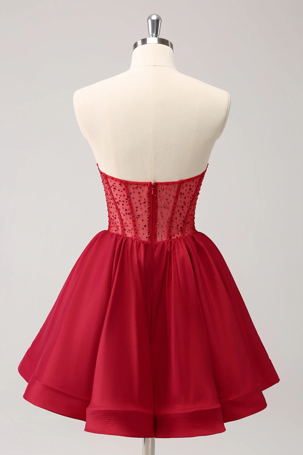 Red A Line Strapless Corset Short Ruffle Cute Graduation Dress with Beading - Image 4