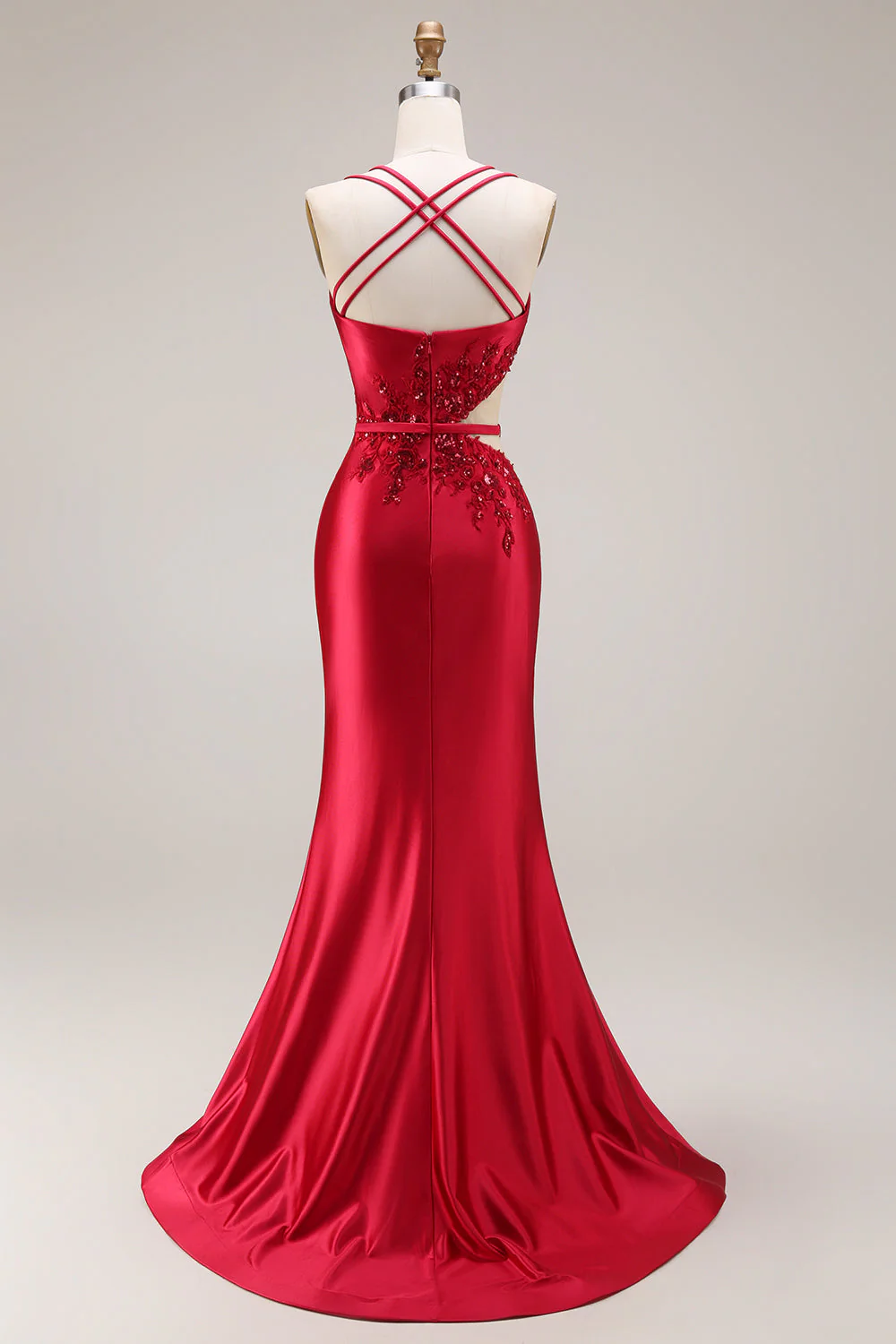 Red Appliqued Mermaid Cut Out Satin Long Prom Dress with Slit - Image 2