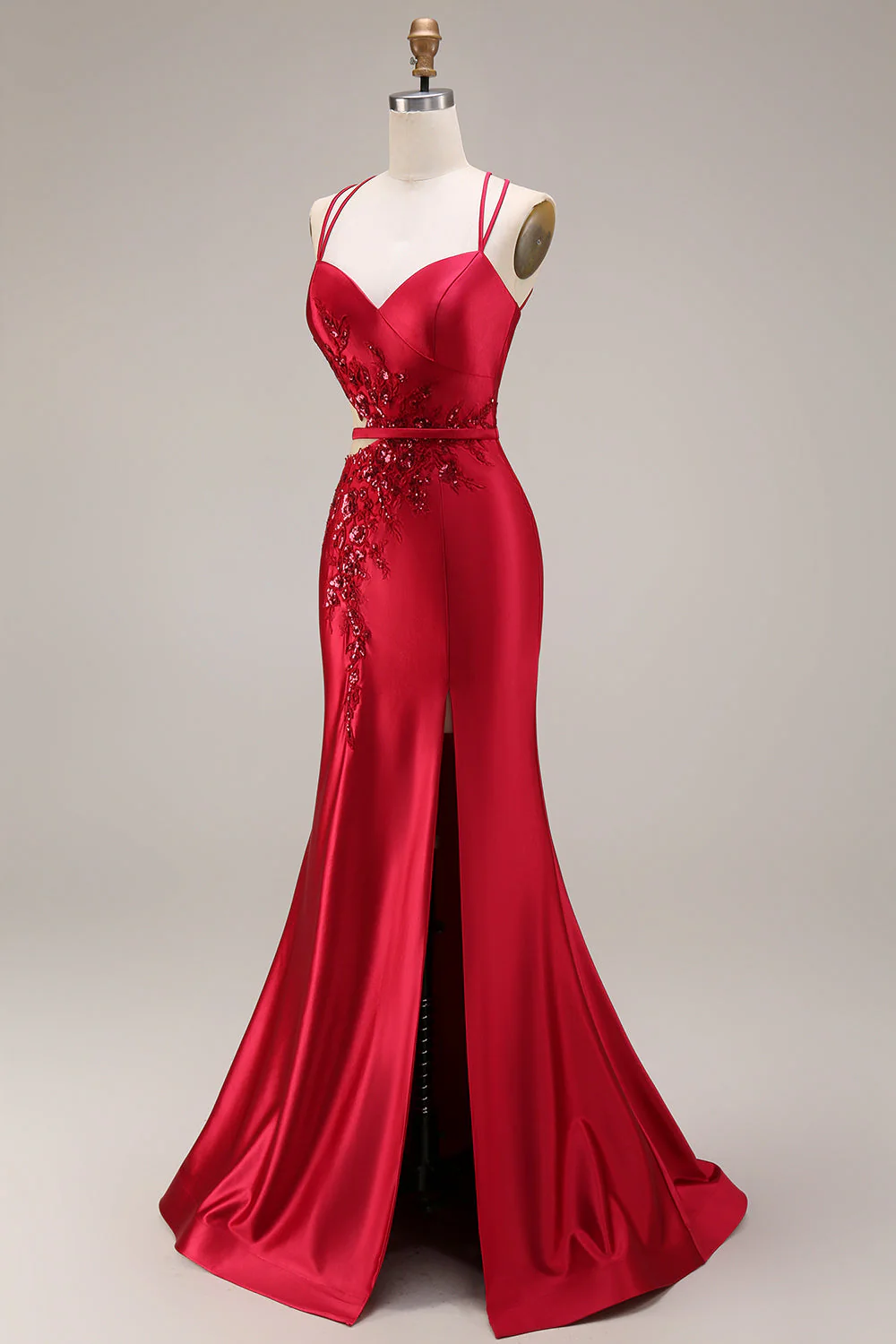 Red Appliqued Mermaid Cut Out Satin Long Prom Dress with Slit - Image 3