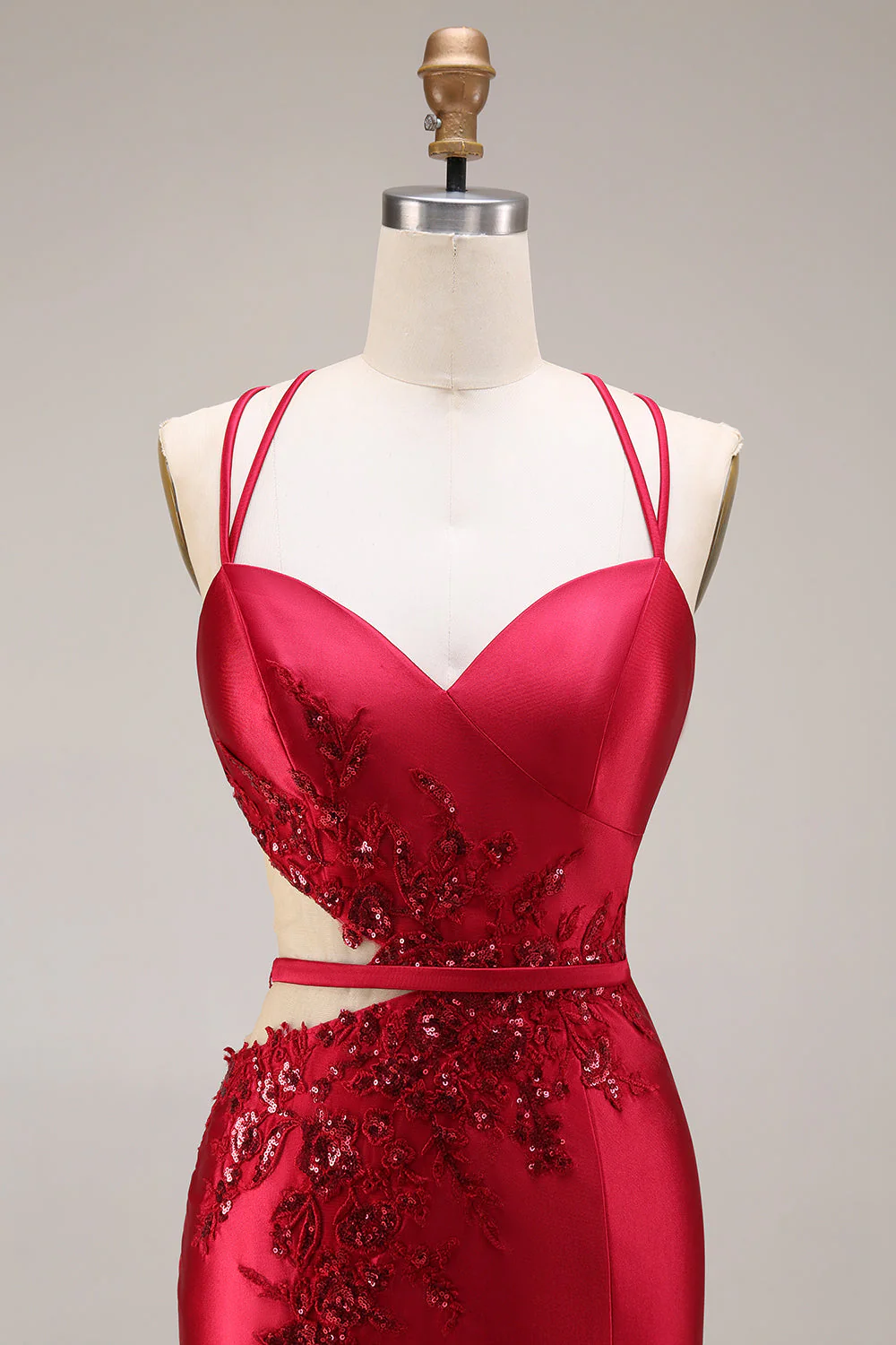 Red Appliqued Mermaid Cut Out Satin Long Prom Dress with Slit - Image 4