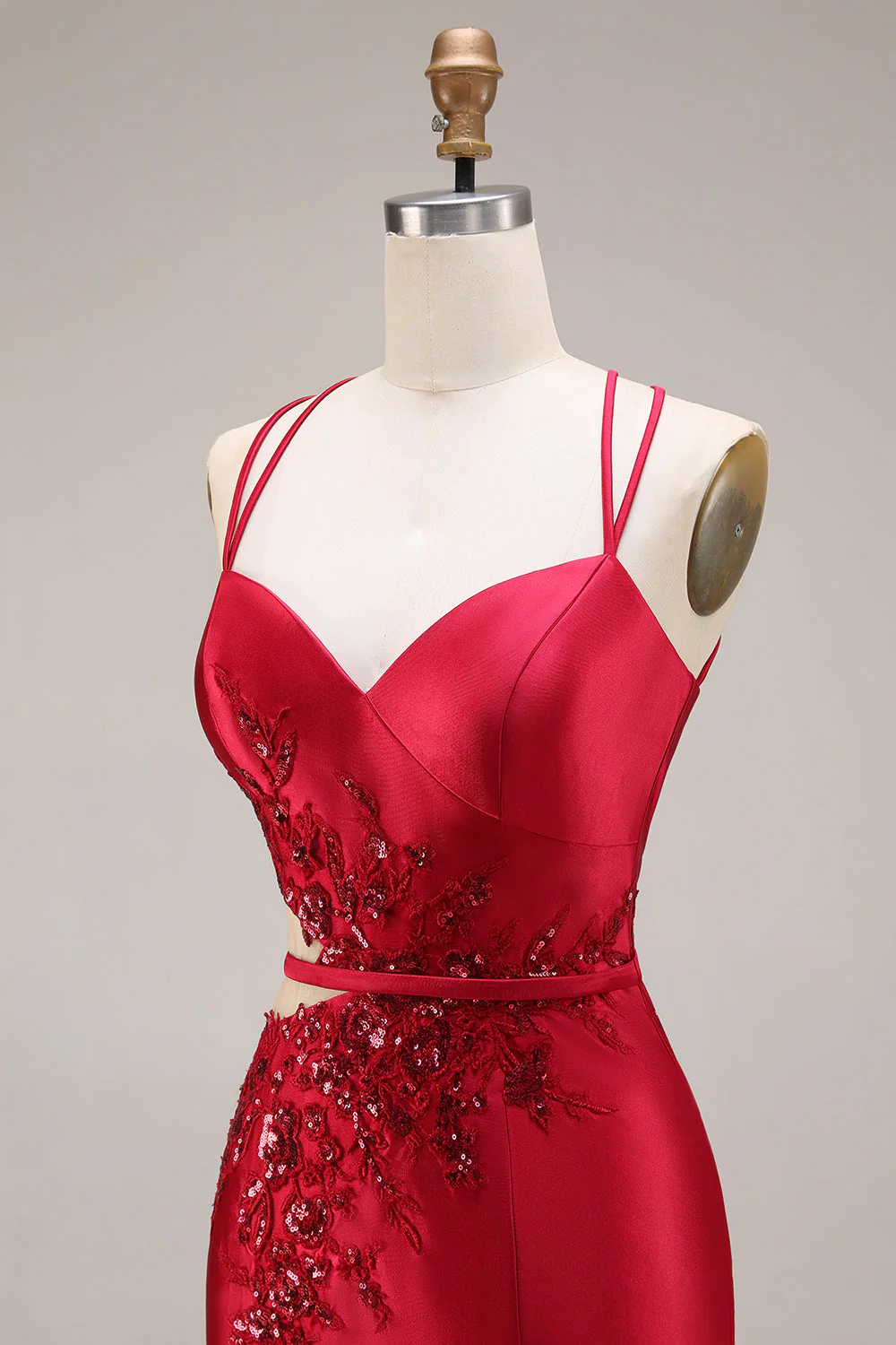 Red Appliqued Mermaid Cut Out Satin Long Prom Dress with Slit - Image 6