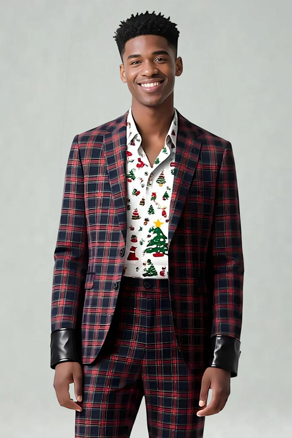 Red Black Grid 2 Piece Notched Lapel Men's Prom Suits - Image 3