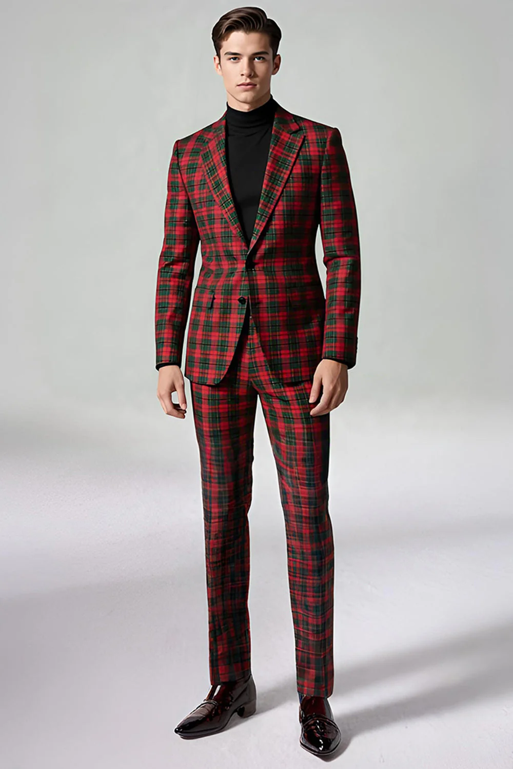 Red Black Plaid Notched Lapel 2 Piece Men's Prom Suits - Image 19