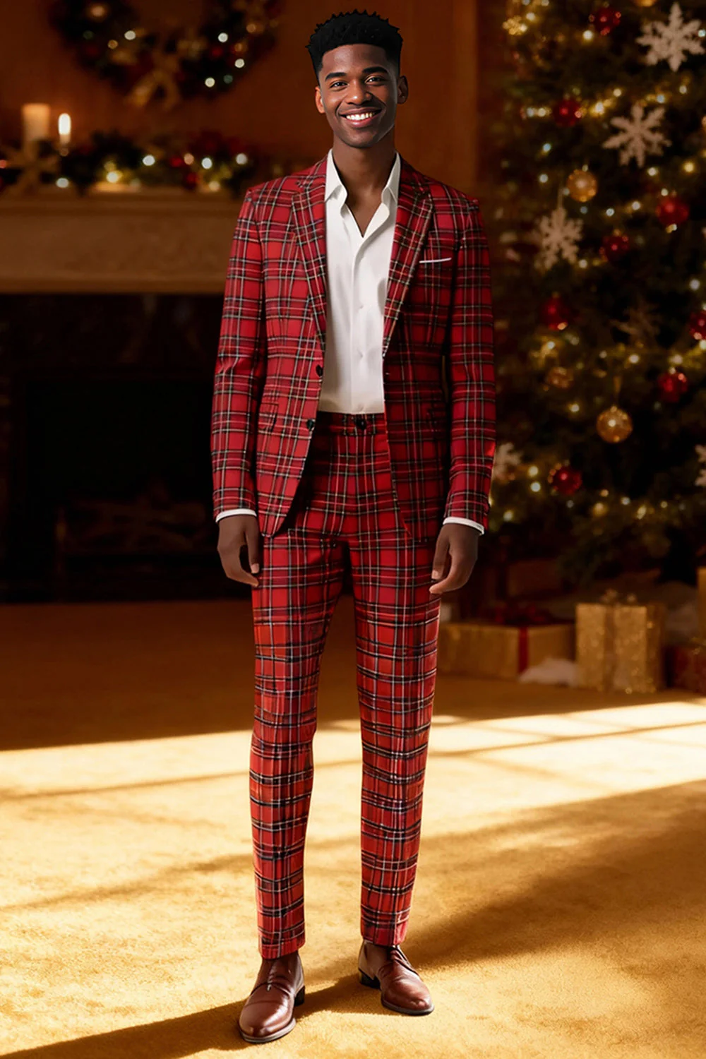 Red Black Plaid Notched Lapel 2 Piece Men's Prom Suits - Image 27