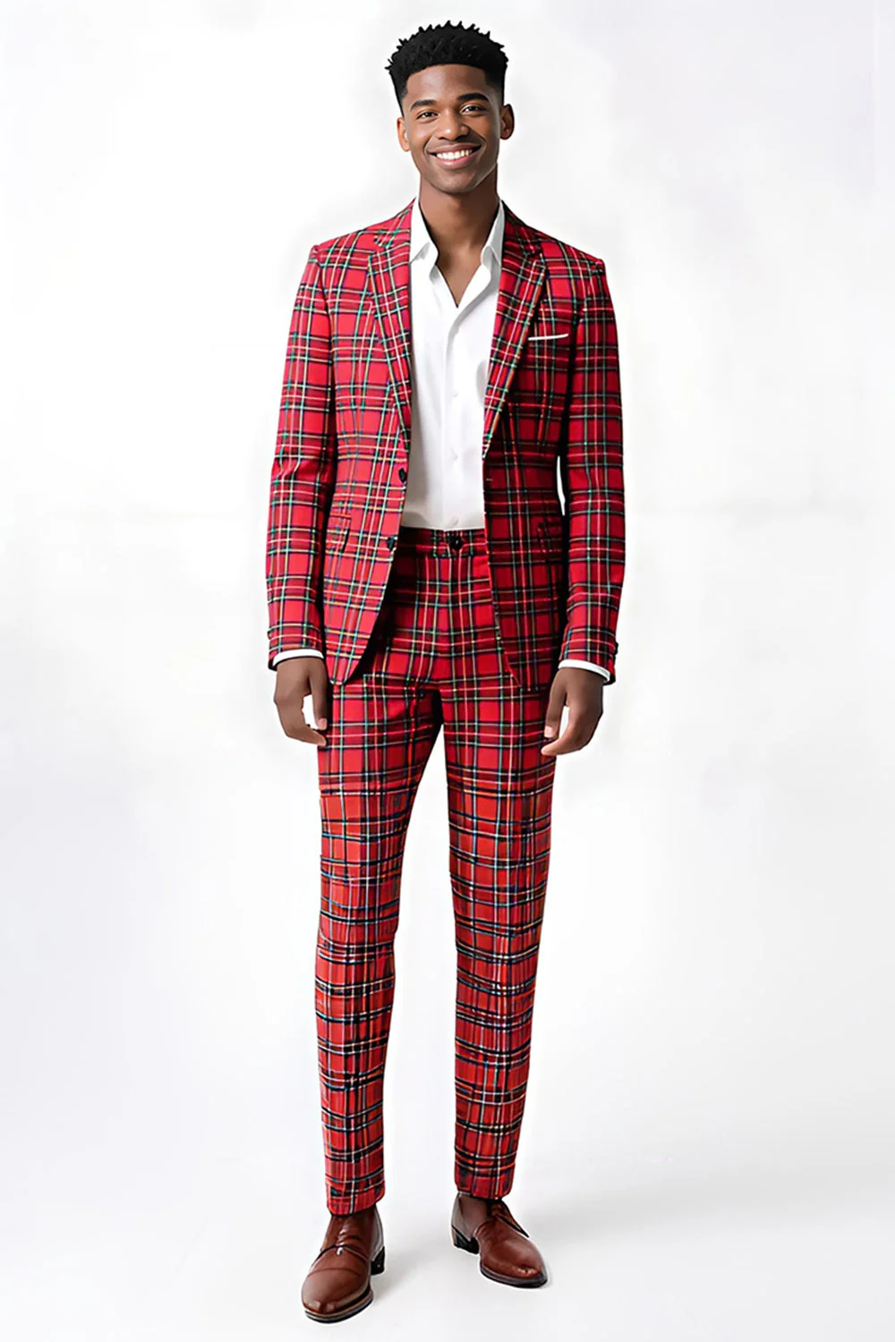 Red Black Plaid Notched Lapel 2 Piece Men's Prom Suits - Image 28