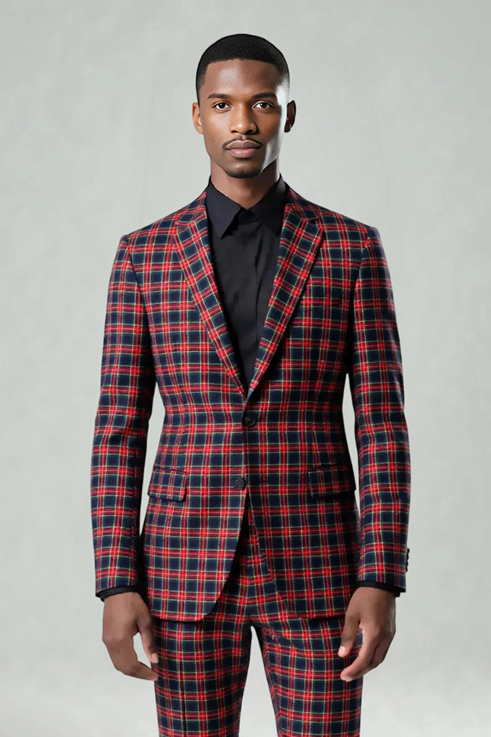 Red Black Plaid Notched Lapel 2 Piece Men's Prom Suits - Image 3