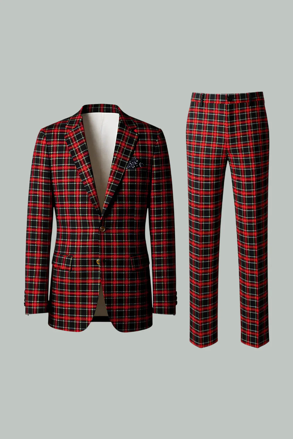 Red Black Plaid Notched Lapel 2 Piece Men's Prom Suits - Image 9