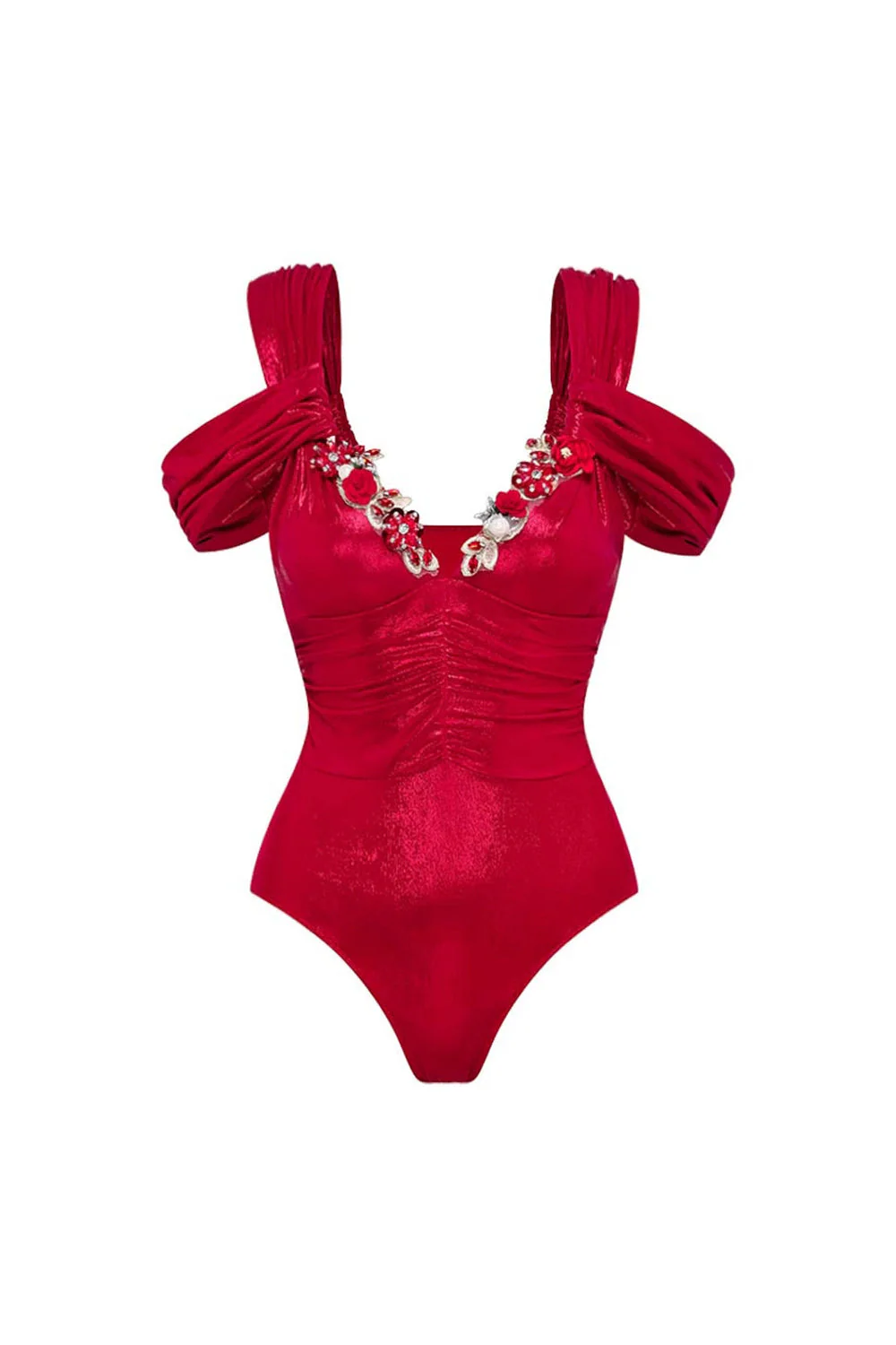 Red Cold Shoulder 2 Piece 3D Flower Swimsuit with Beach Dress - Image 2
