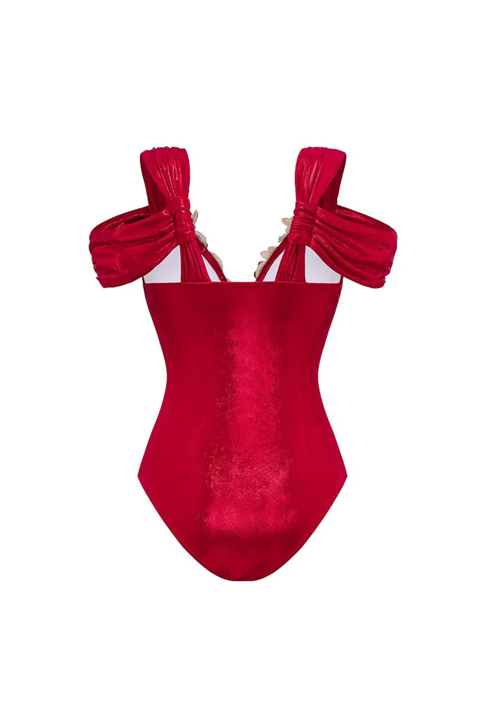 Red Cold Shoulder 2 Piece 3D Flower Swimsuit with Beach Dress - Image 3
