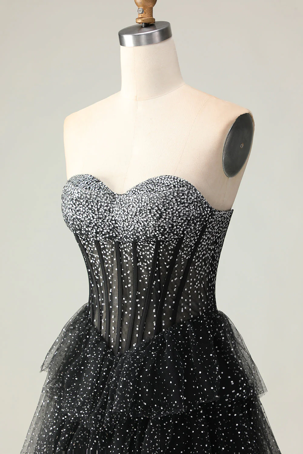 Red Corset A Line Sweetheart Tiered Polka Dots Long Prom Dress with Ruffles - Image 13