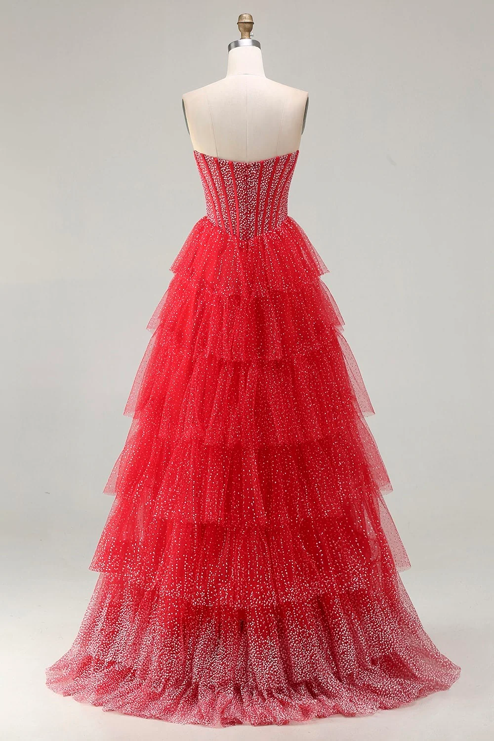 Red Corset A Line Sweetheart Tiered Polka Dots Long Prom Dress with Ruffles - Image 2