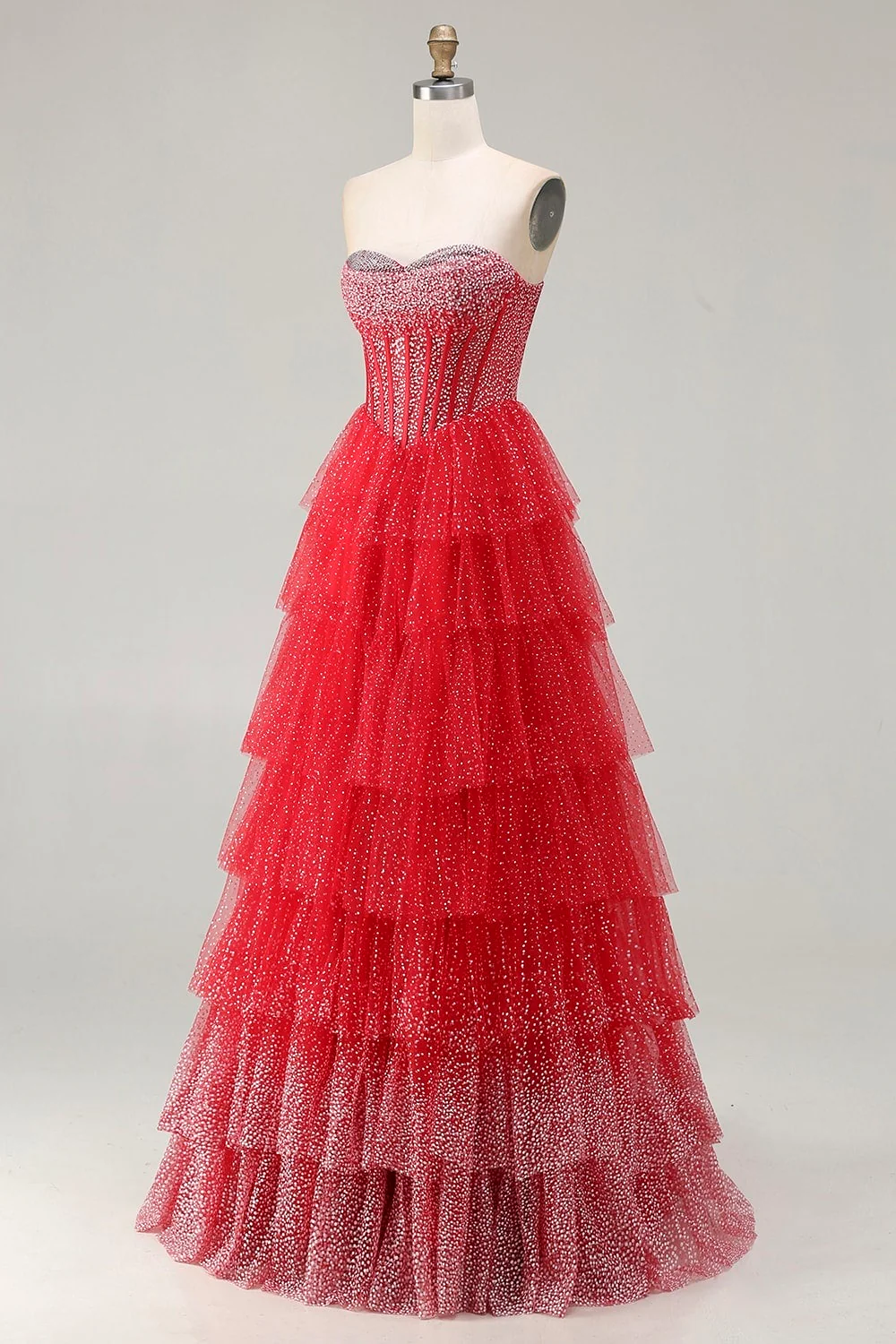 Red Corset A Line Sweetheart Tiered Polka Dots Long Prom Dress with Ruffles - Image 3
