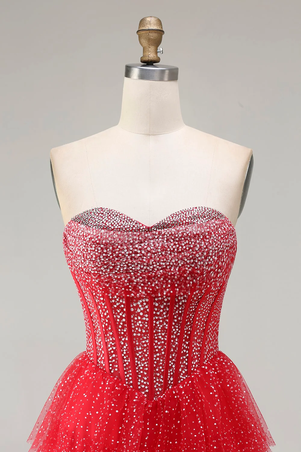 Red Corset A Line Sweetheart Tiered Polka Dots Long Prom Dress with Ruffles - Image 4