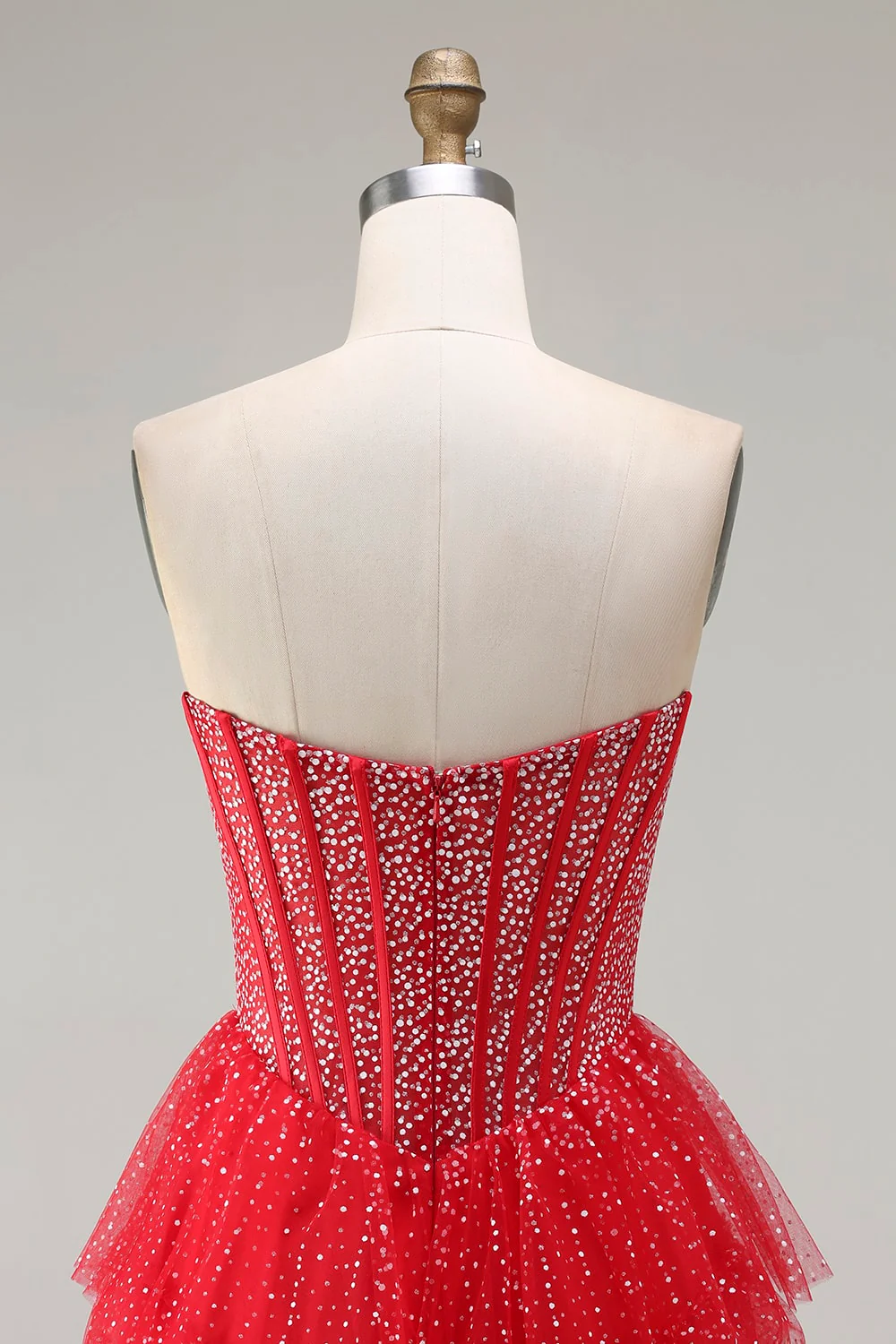 Red Corset A Line Sweetheart Tiered Polka Dots Long Prom Dress with Ruffles - Image 5