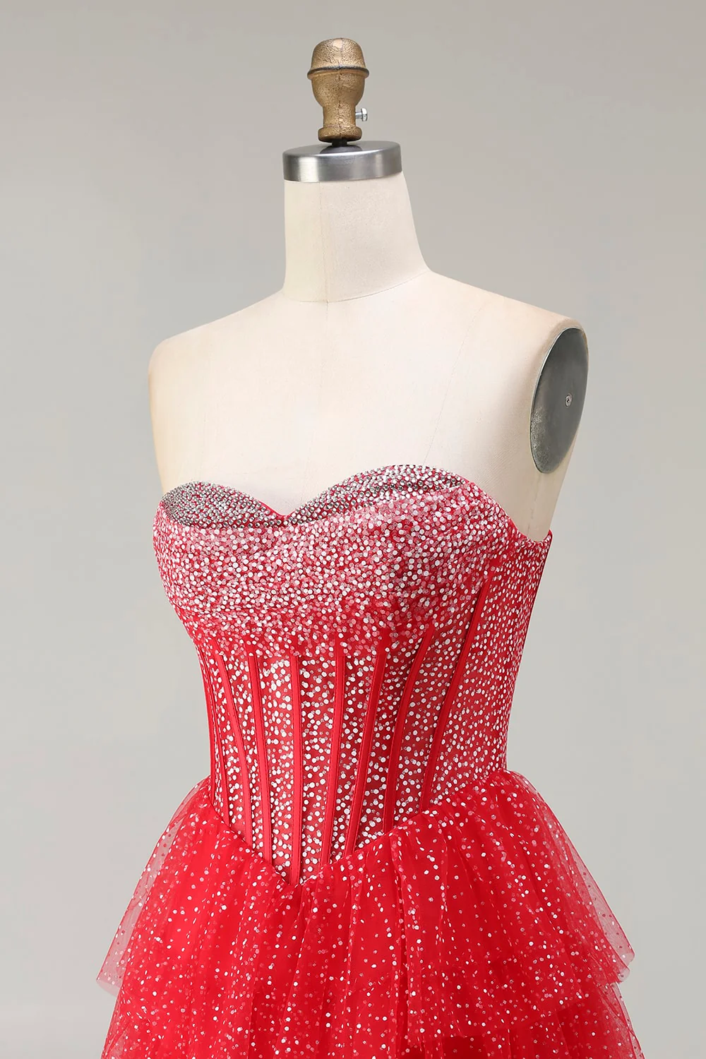 Red Corset A Line Sweetheart Tiered Polka Dots Long Prom Dress with Ruffles - Image 6