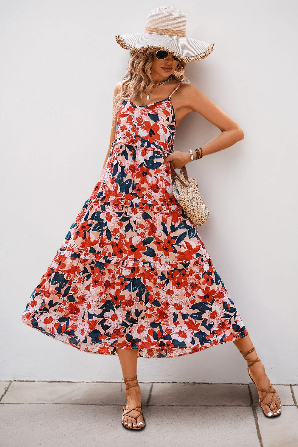 Red Floral Spaghetti Straps A Line Summer Dress - Image 3