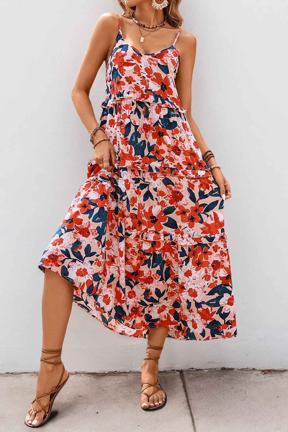 Red Floral Spaghetti Straps A Line Summer Dress - Image 4