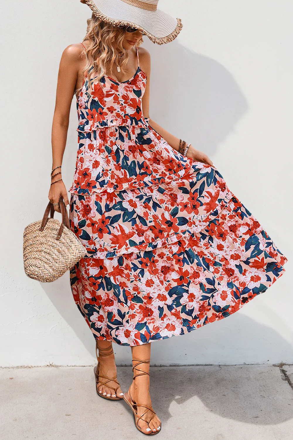 Red Floral Spaghetti Straps A Line Summer Dress - Image 6
