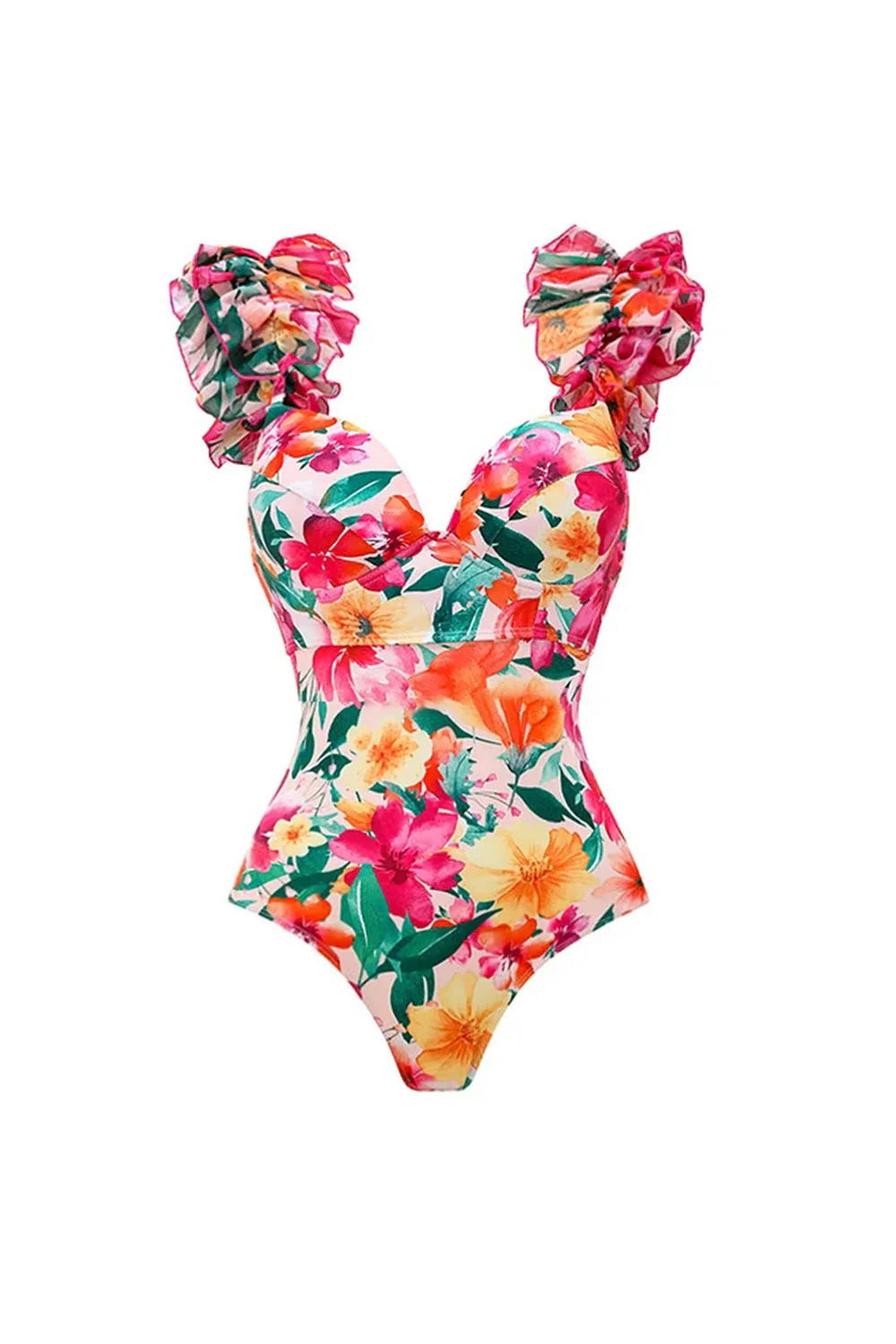 Red Flower 2 Piece Ruffled Swimsuit with Cover Up - Image 2