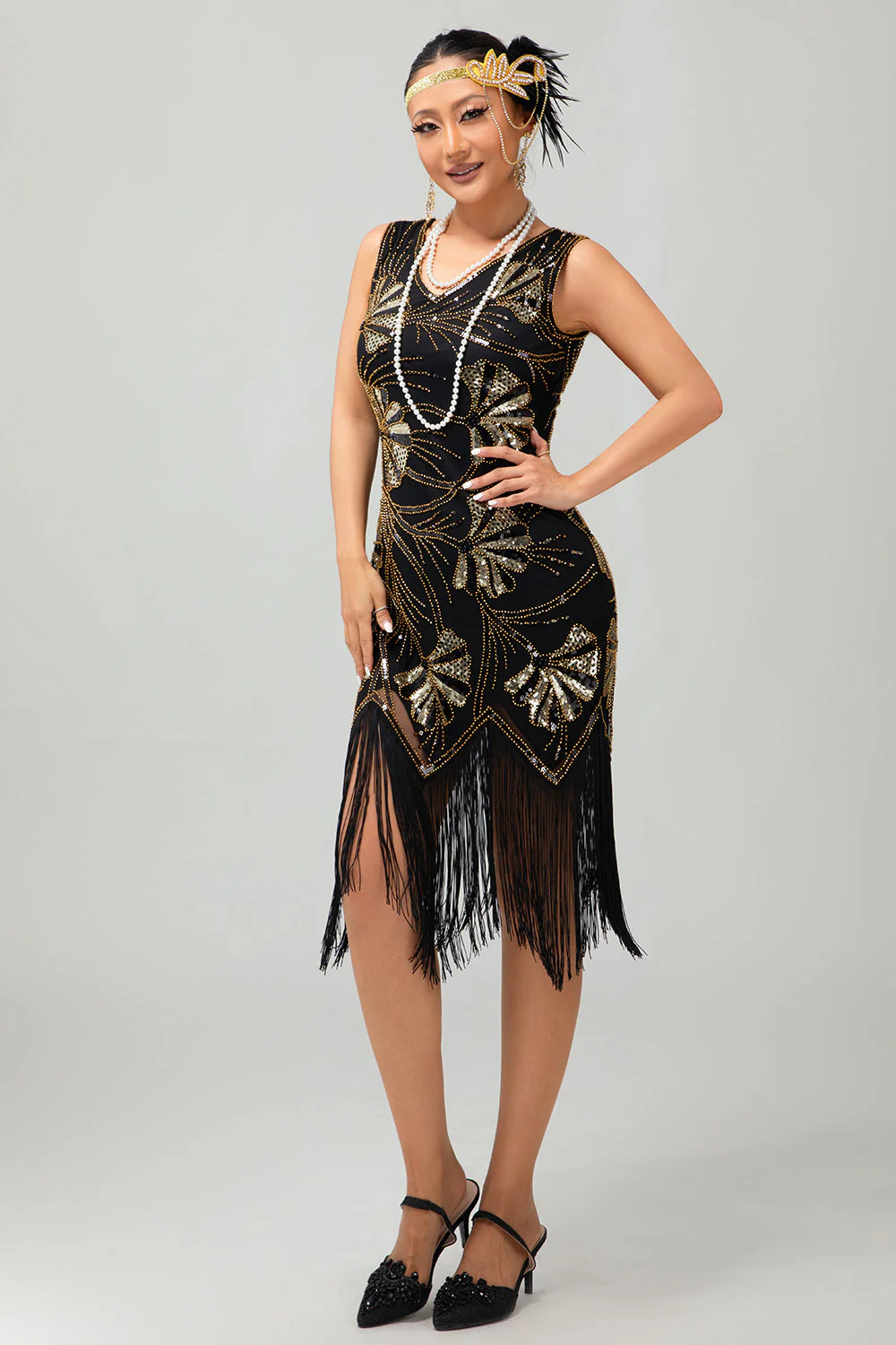 Red Golden Sequin 1920s V Neck Bodycon Flapper Dress with Tassles - Image 15