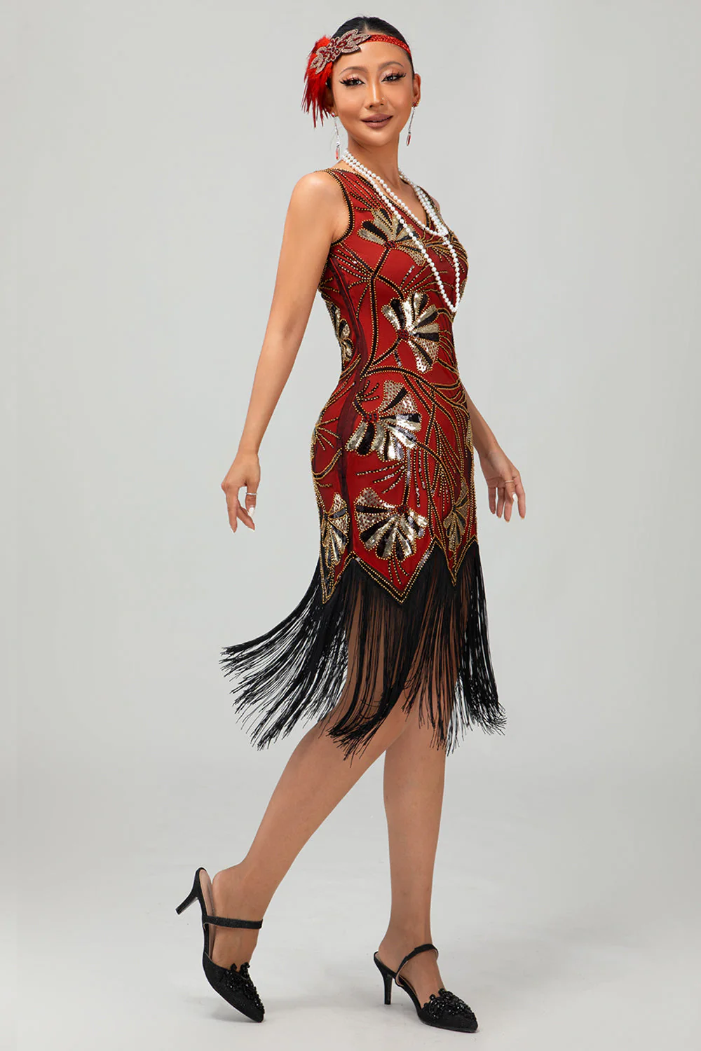 Red Golden Sequin 1920s V Neck Bodycon Flapper Dress with Tassles - Image 7