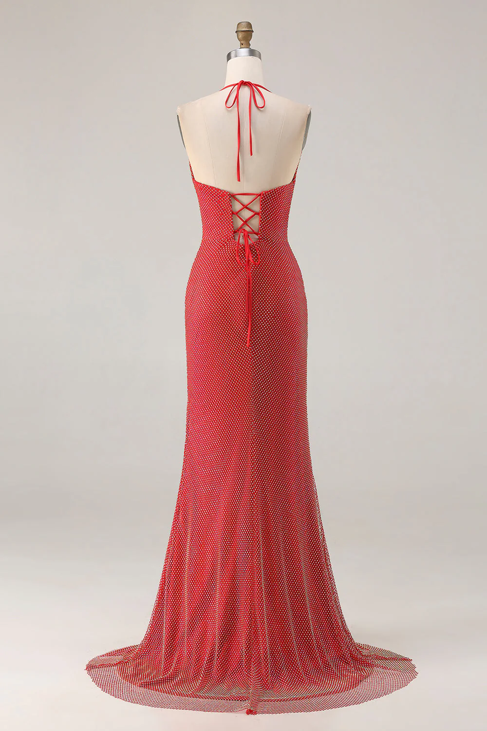 Red Halter Beaded Mermaid Long Prom Dress with Slit - Image 2