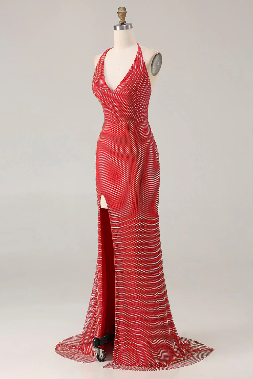 Red Halter Beaded Mermaid Long Prom Dress with Slit - Image 5