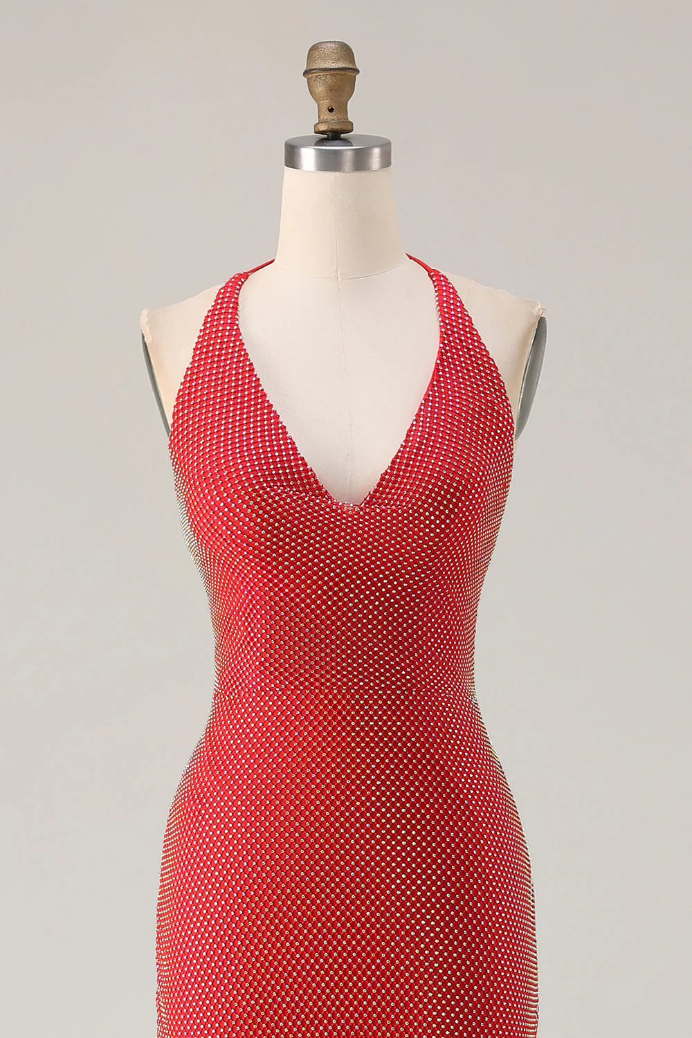 Red Halter Beaded Mermaid Long Prom Dress with Slit - Image 6