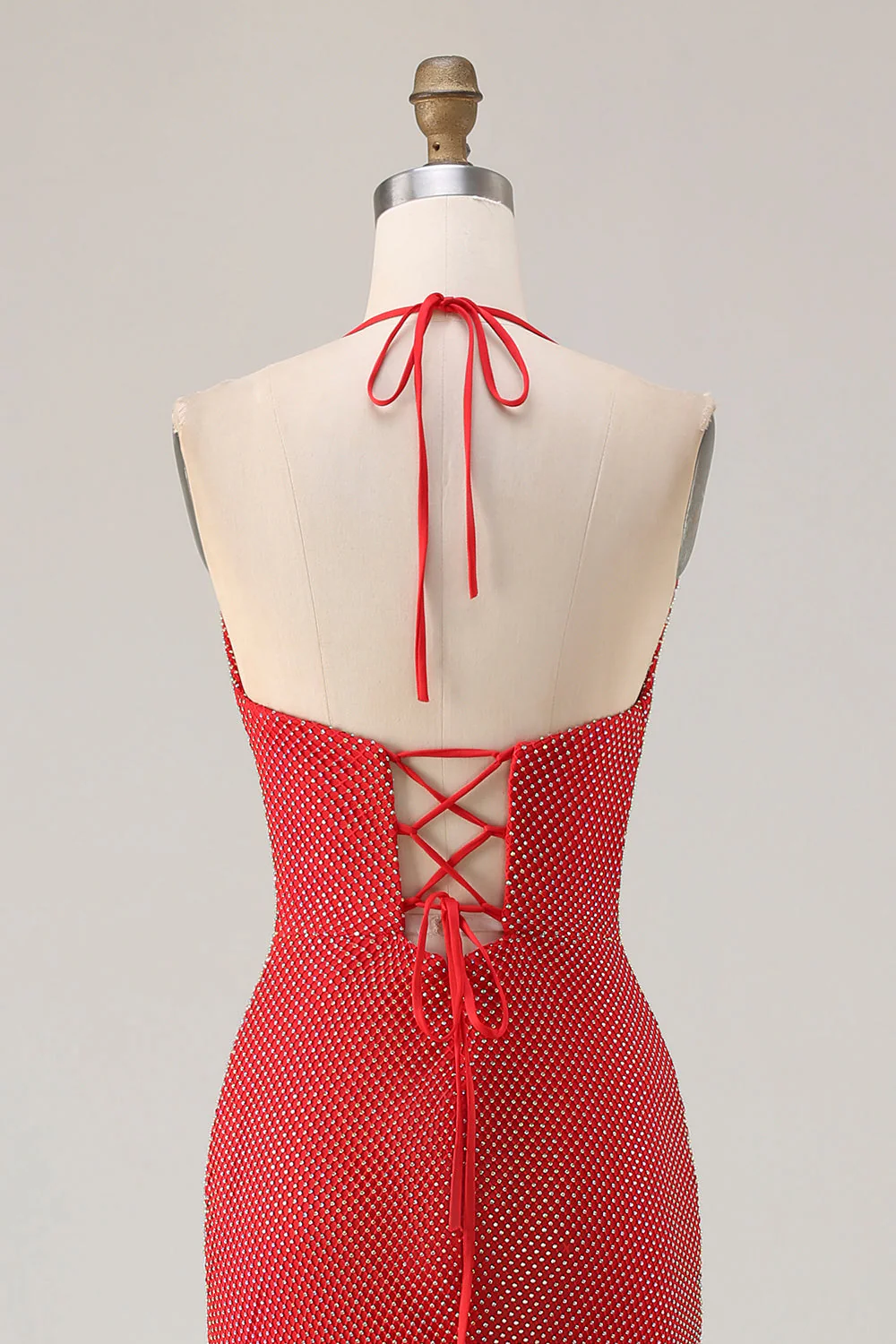 Red Halter Beaded Mermaid Long Prom Dress with Slit - Image 7