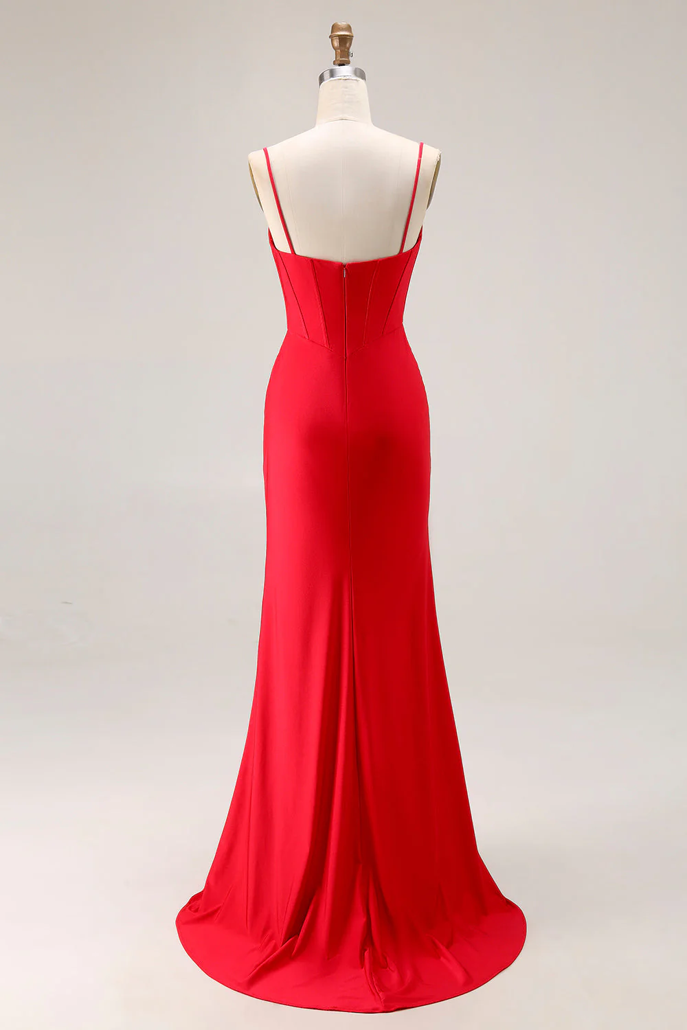 Red Mermaid Corset Spaghetti Straps Ruched Satin Long Prom Dress - Image 2