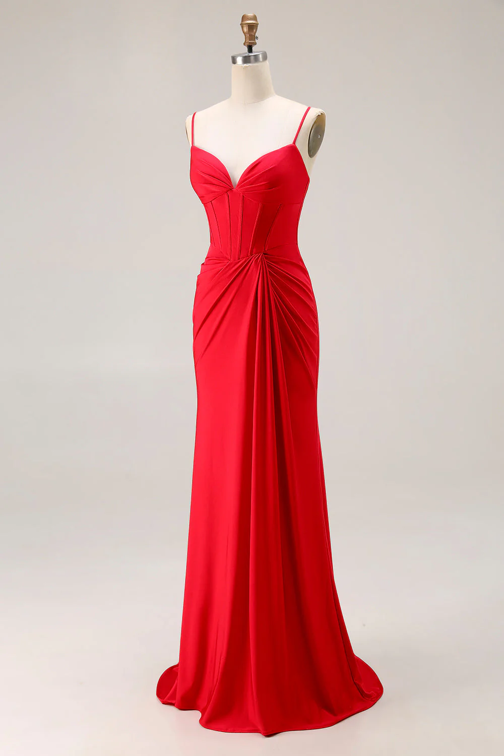 Red Mermaid Corset Spaghetti Straps Ruched Satin Long Prom Dress - Image 3