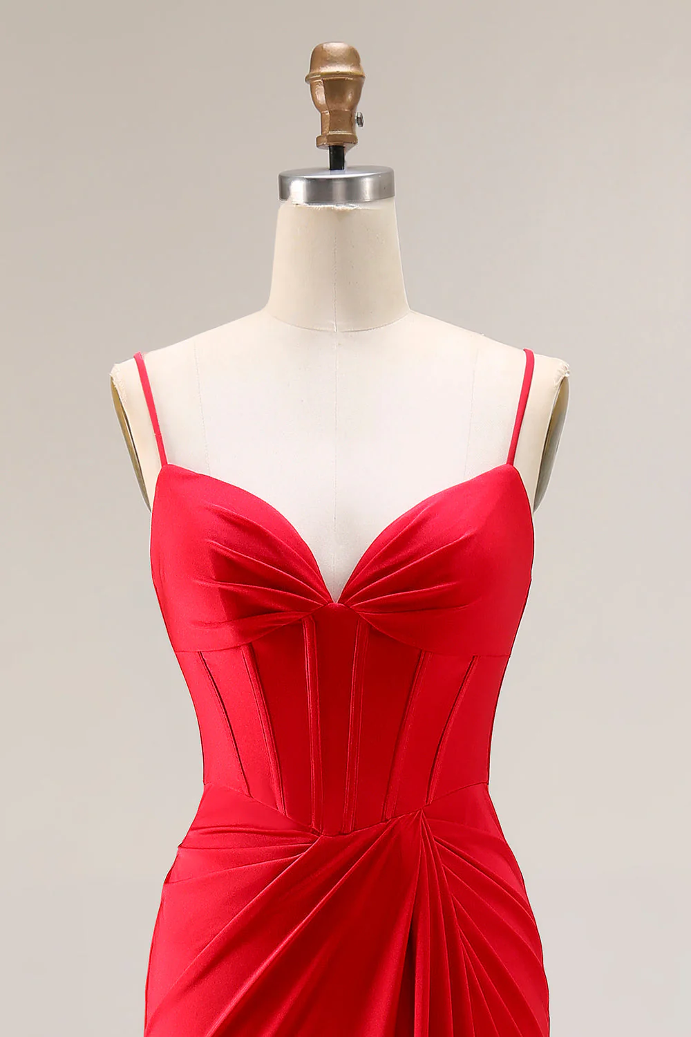 Red Mermaid Corset Spaghetti Straps Ruched Satin Long Prom Dress - Image 4