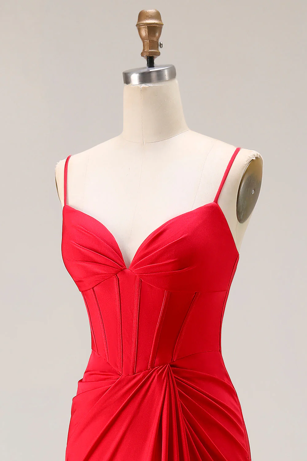 Red Mermaid Corset Spaghetti Straps Ruched Satin Long Prom Dress - Image 5