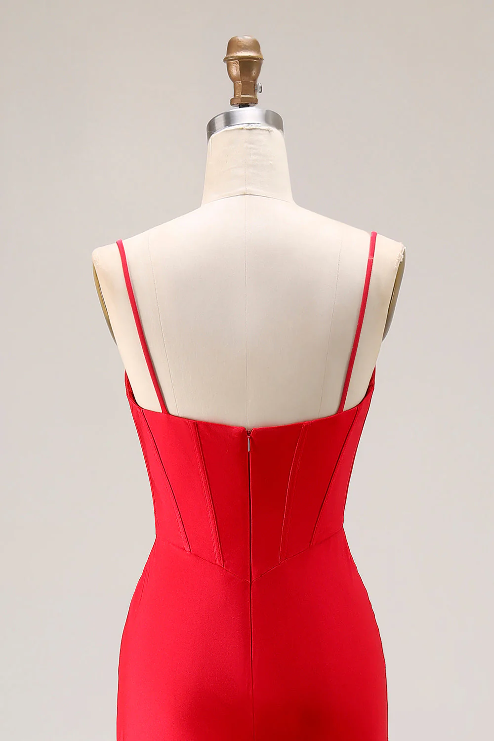 Red Mermaid Corset Spaghetti Straps Ruched Satin Long Prom Dress - Image 6