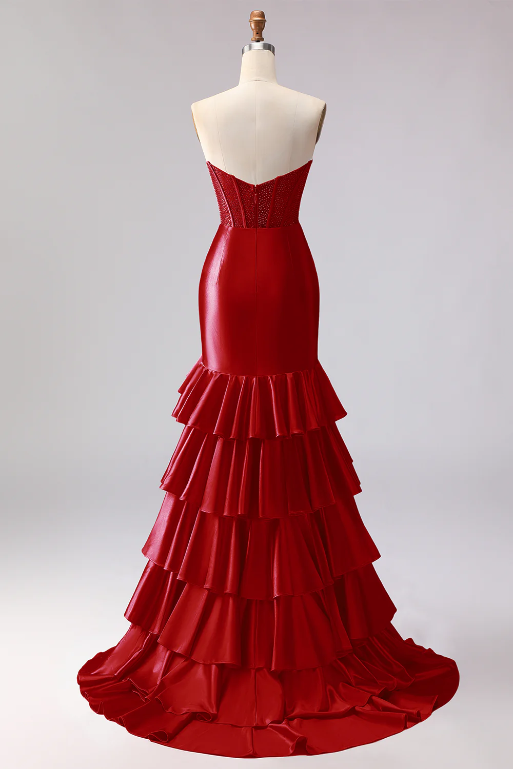 Red Mermaid Ruffled Sweetheart Beaded Corset Long Prom Dress with Slit - Image 10