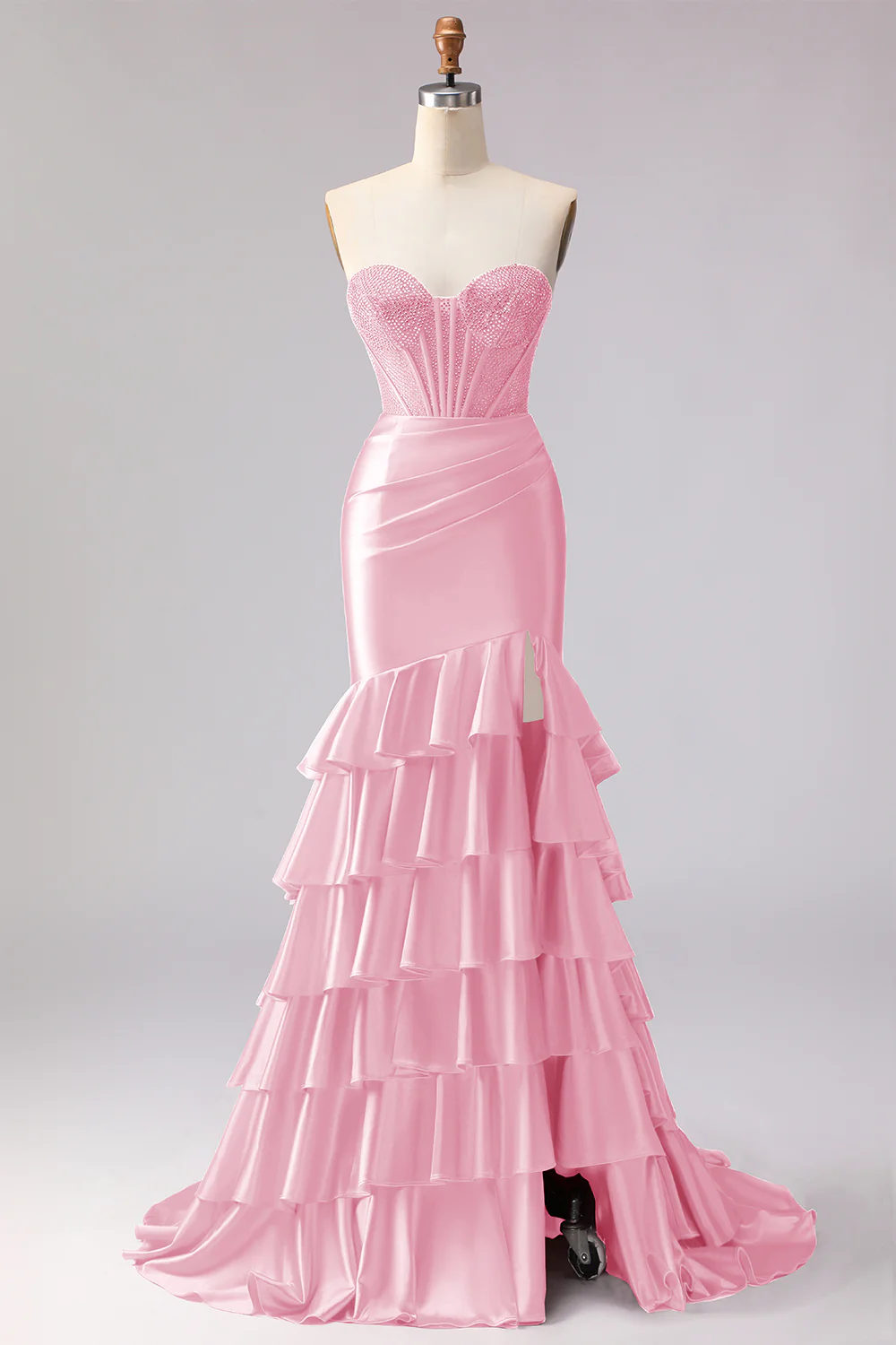 Red Mermaid Ruffled Sweetheart Beaded Corset Long Prom Dress with Slit - Image 17