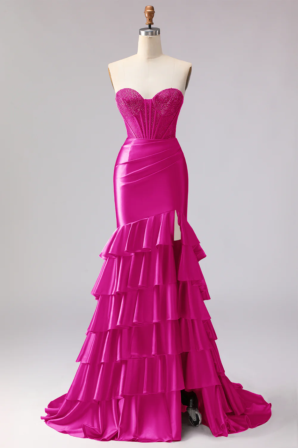 Red Mermaid Ruffled Sweetheart Beaded Corset Long Prom Dress with Slit - Image 23