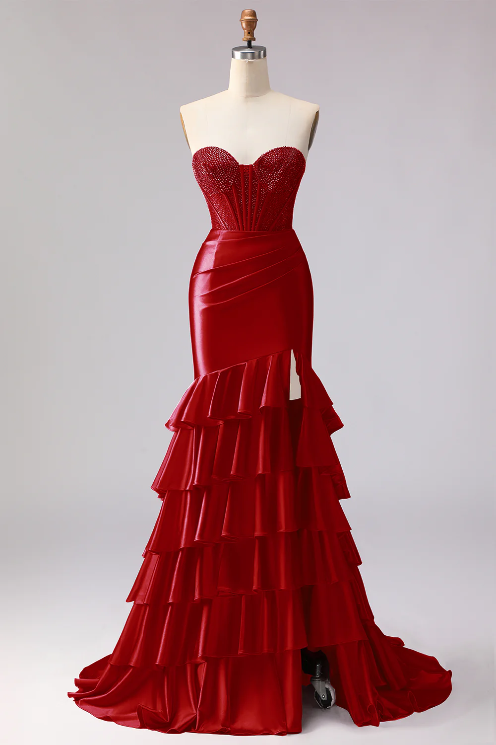 Red Mermaid Ruffled Sweetheart Beaded Corset Long Prom Dress with Slit - Image 9