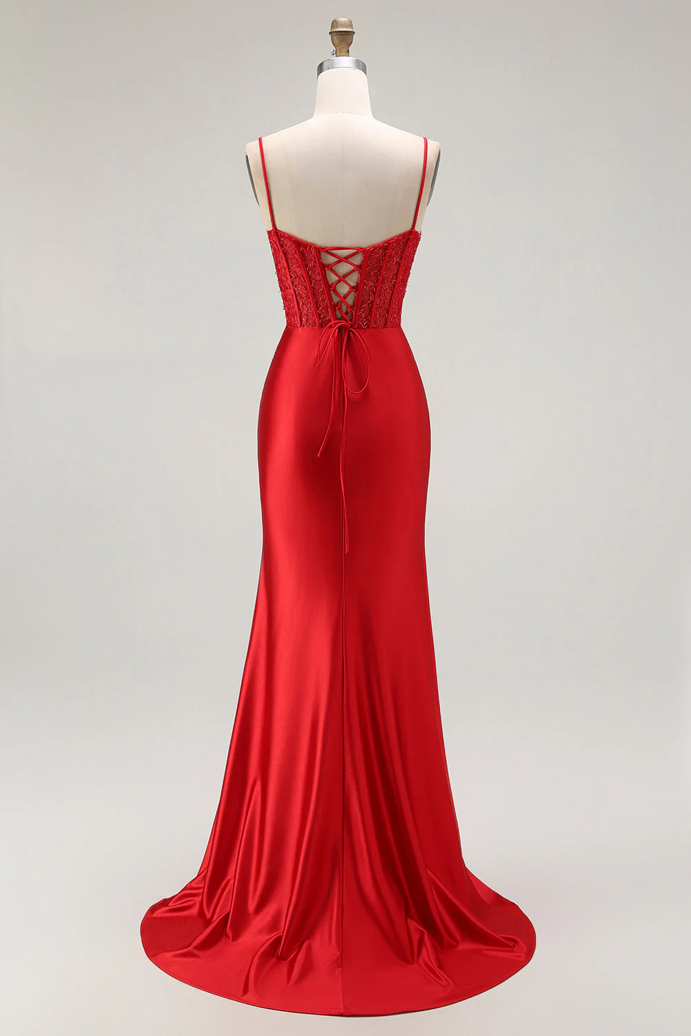 Red Mermaid Spaghetti Straps Corset Pleated Long Prom Dress with Slit - Image 2