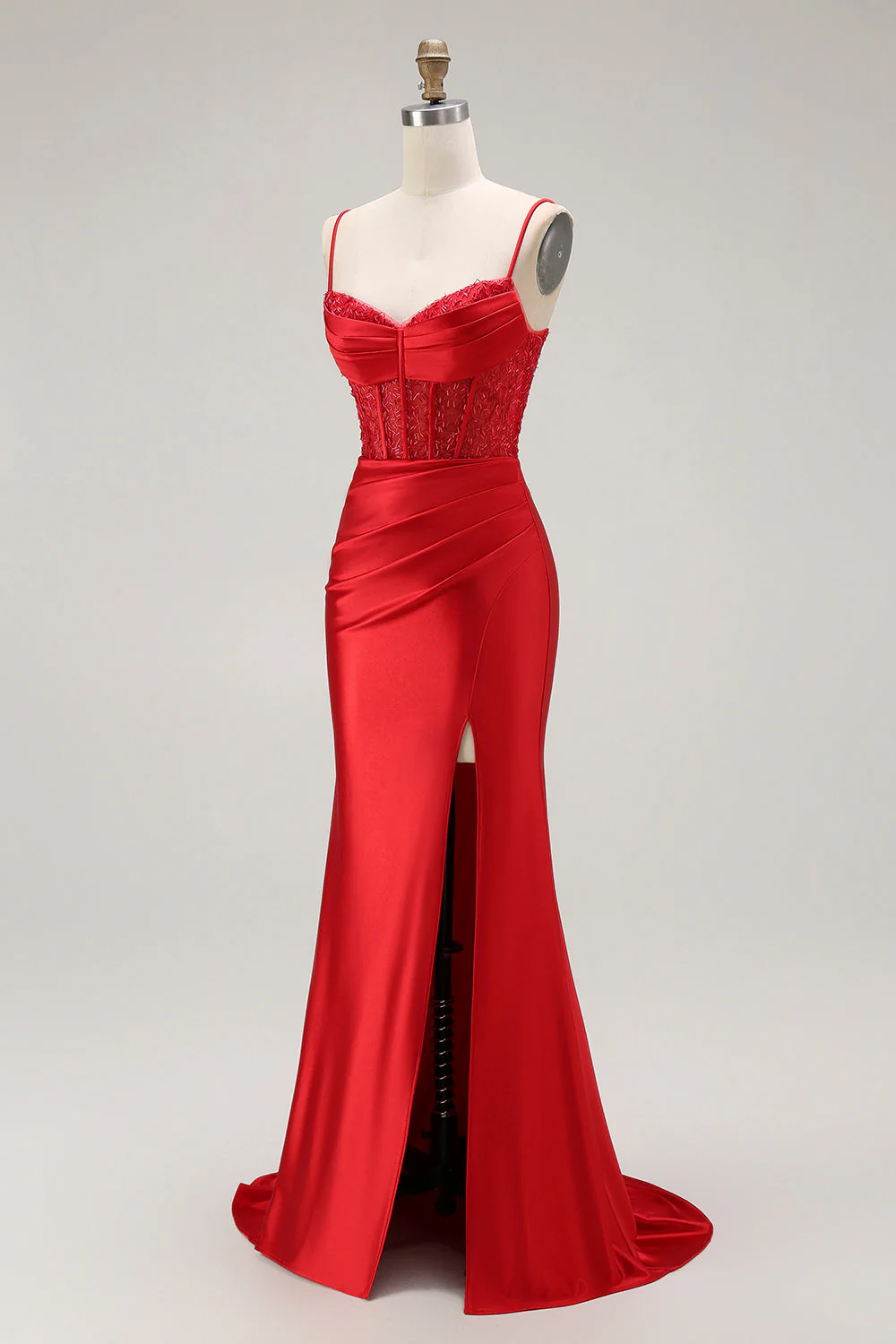 Red Mermaid Spaghetti Straps Corset Pleated Long Prom Dress with Slit - Image 3
