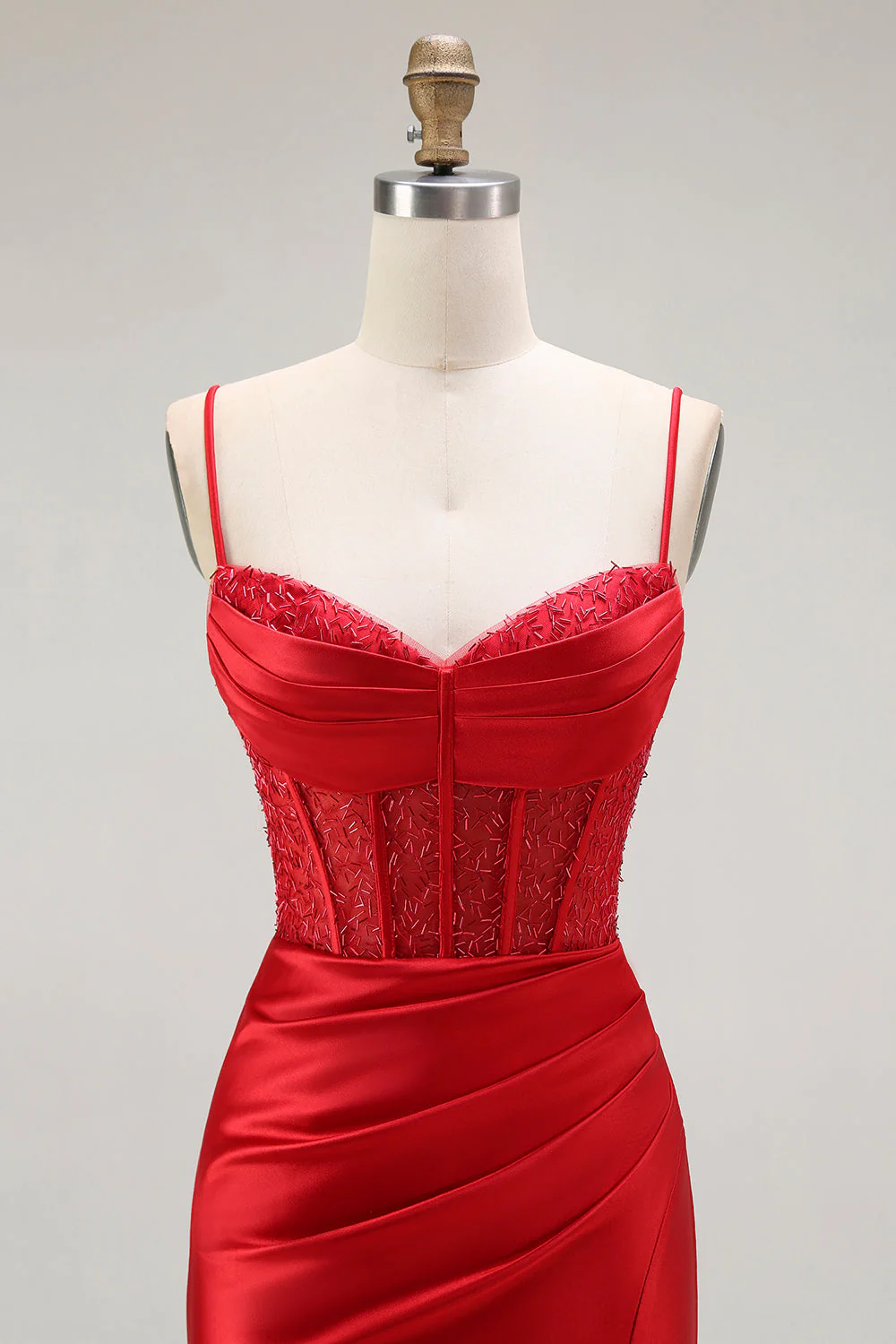 Red Mermaid Spaghetti Straps Corset Pleated Long Prom Dress with Slit - Image 4