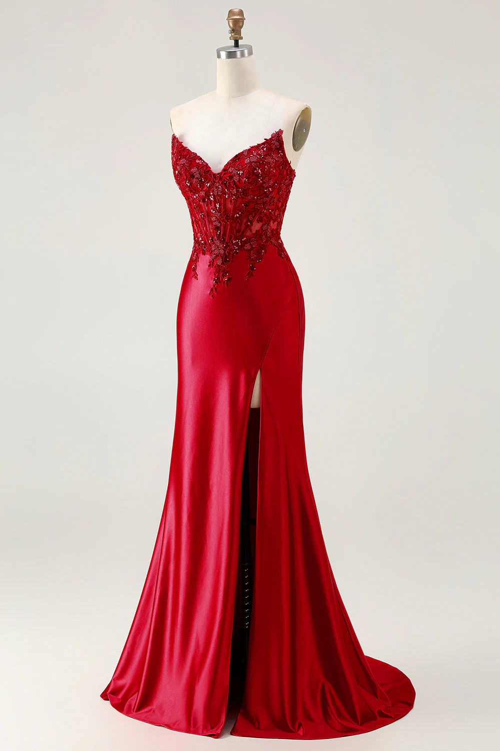 Red Mermaid Strapless Appliqued Corset Beaded Long Prom Dress with Slit - Image 3