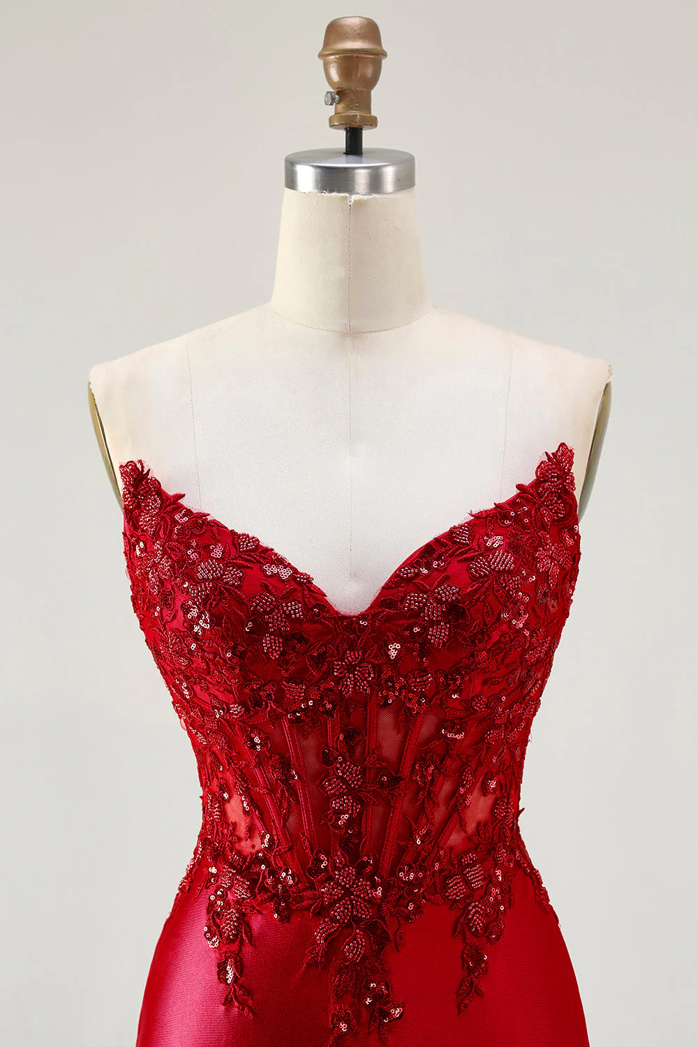 Red Mermaid Strapless Appliqued Corset Beaded Long Prom Dress with Slit - Image 4