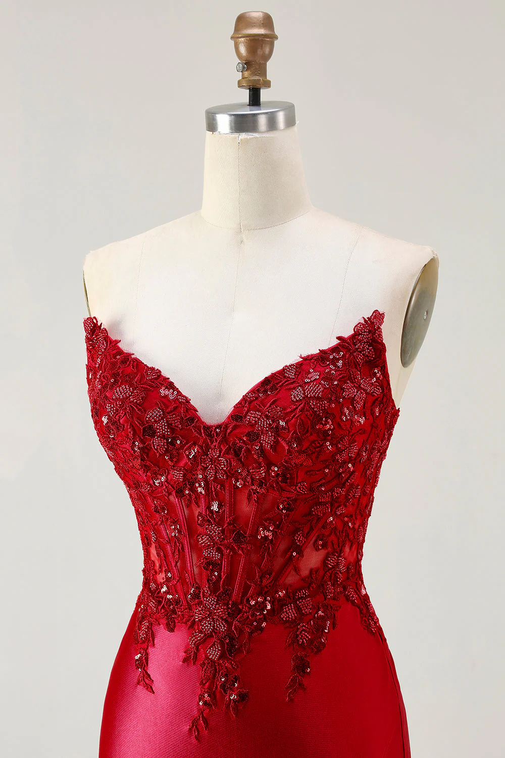 Red Mermaid Strapless Appliqued Corset Beaded Long Prom Dress with Slit - Image 6