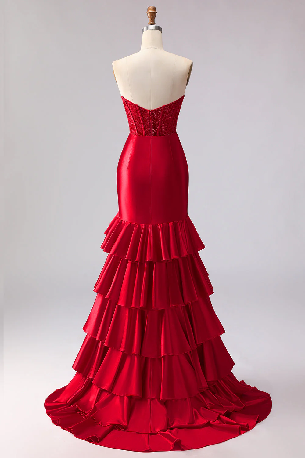 Red Mermaid Sweetheart Beaded Corset Ruffled Long Prom Dress with Slit - Image 2