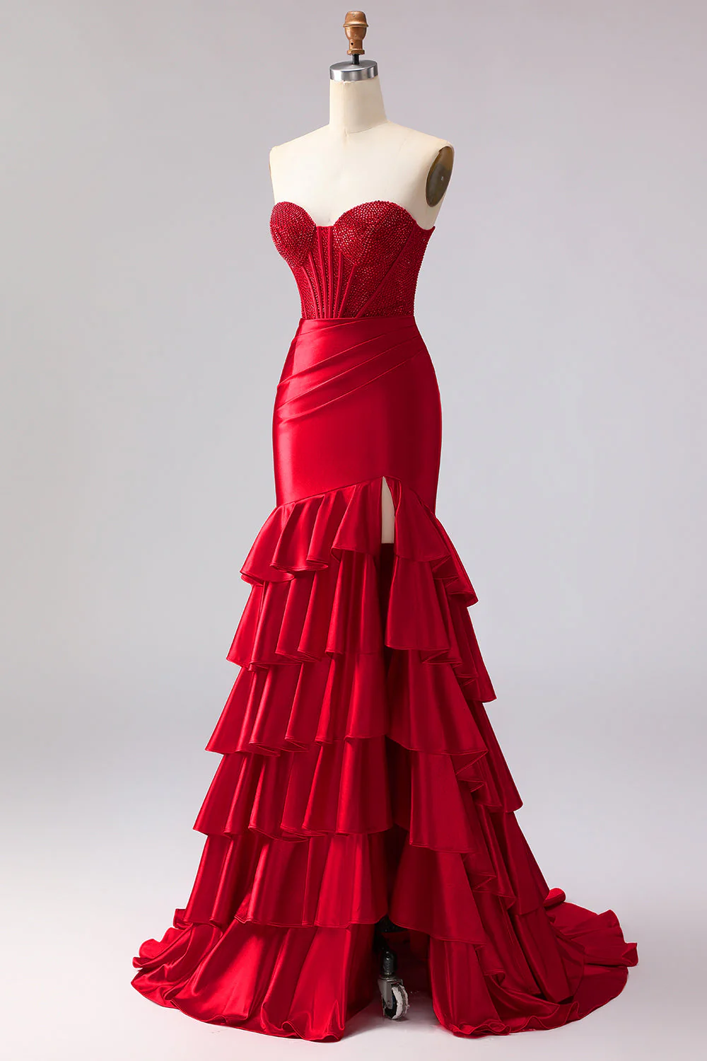Red Mermaid Sweetheart Beaded Corset Ruffled Long Prom Dress with Slit - Image 3